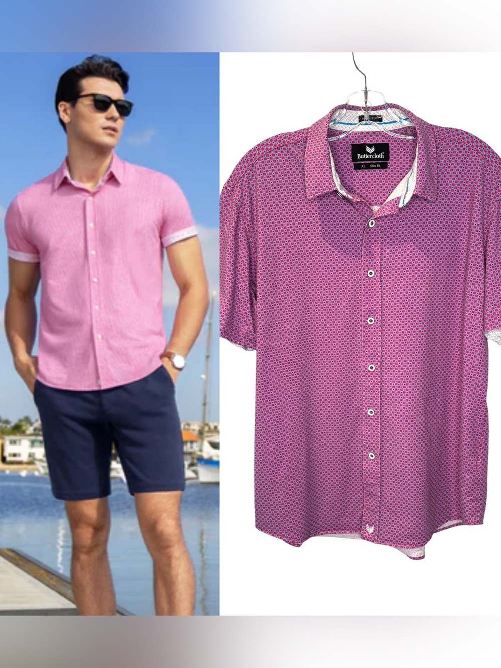 Buttercloth ICY COTTON polo Shirt in Magenta w  micro blue Geo Print XL Slim